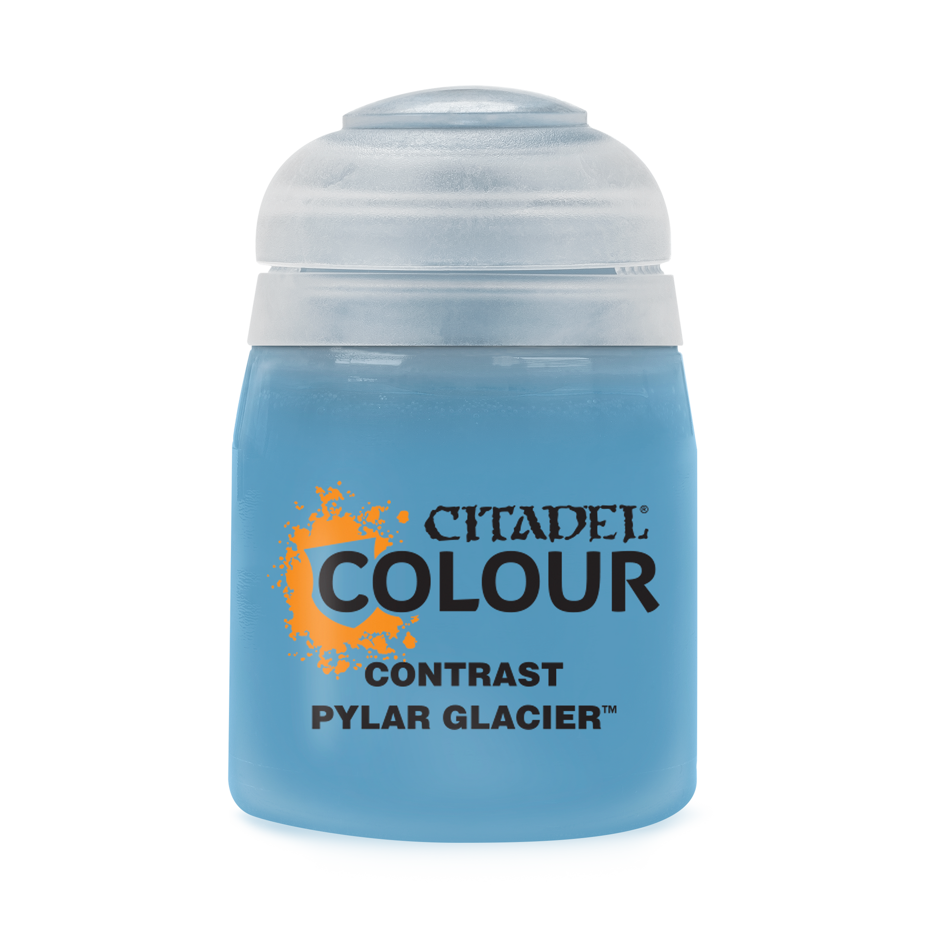 Citadel Contrast Paint: Pylar Glacier - Small paint pot of Citadel Colour Contrast Pylar Glacier with light blue label and transparent cap.