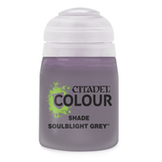 Citadel Shade Paint: Soulblight Grey - Small frosted plastic bottle of Citadel Colour Shade paint in Soulblight Grey with a white flip-top cap.