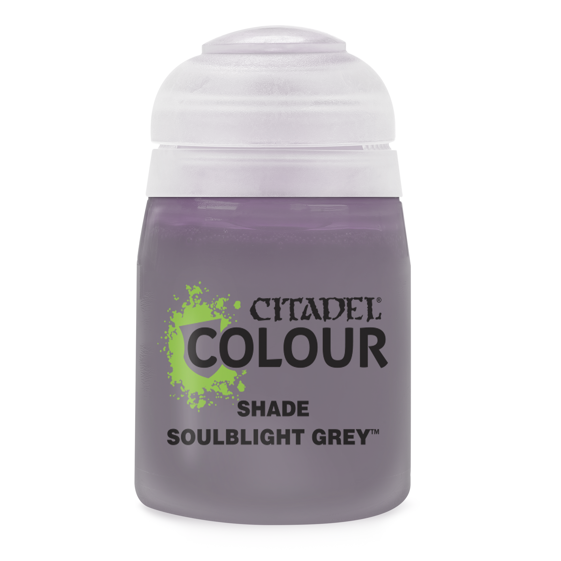 Citadel Shade Paint: Soulblight Grey - Small frosted plastic bottle of Citadel Colour Shade paint in Soulblight Grey with a white flip-top cap.