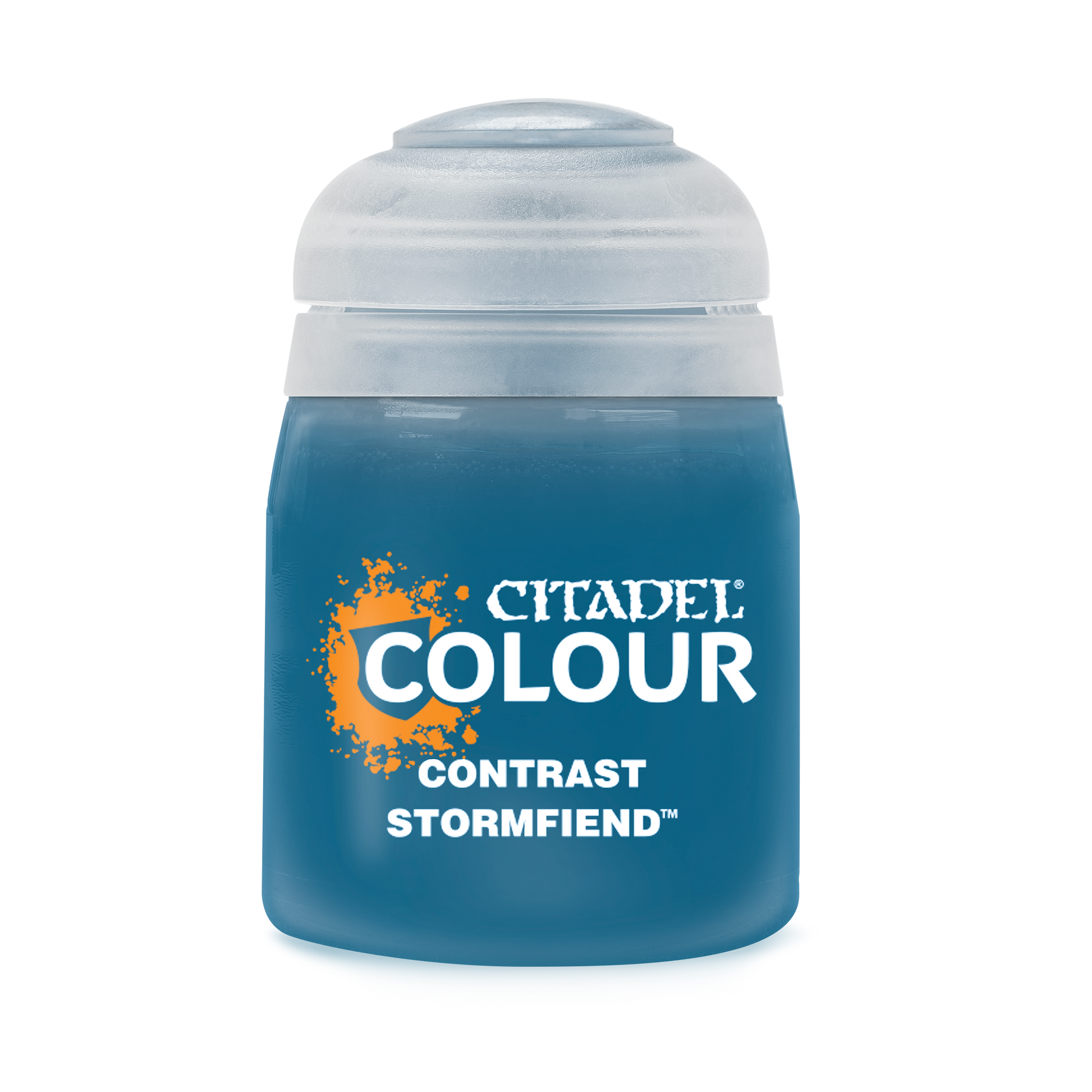 Citadel Contrast Paint: Stormfiend - Citadel Colour Contrast Stormfiend paint pot with blue-green paint visible inside clear plastic container.
