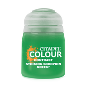 Citadel Contrast Paint: Striking Scorpion Green - Small frosted green plastic paint pot labeled Citadel Colour Contrast Striking Scorpion Green with white and orange text.
