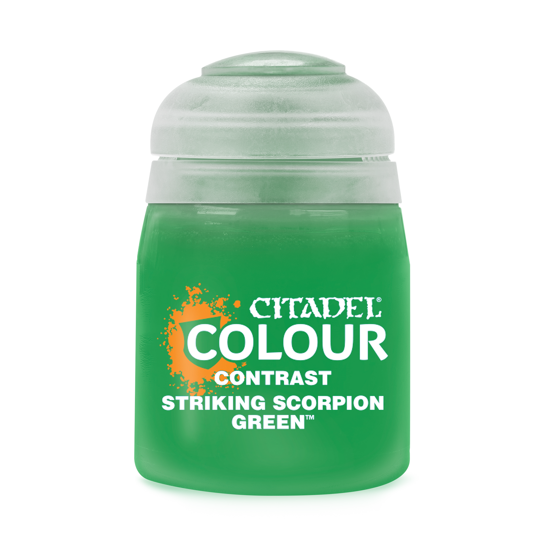 Citadel Contrast Paint: Striking Scorpion Green - Small frosted green plastic paint pot labeled Citadel Colour Contrast Striking Scorpion Green with white and orange text.