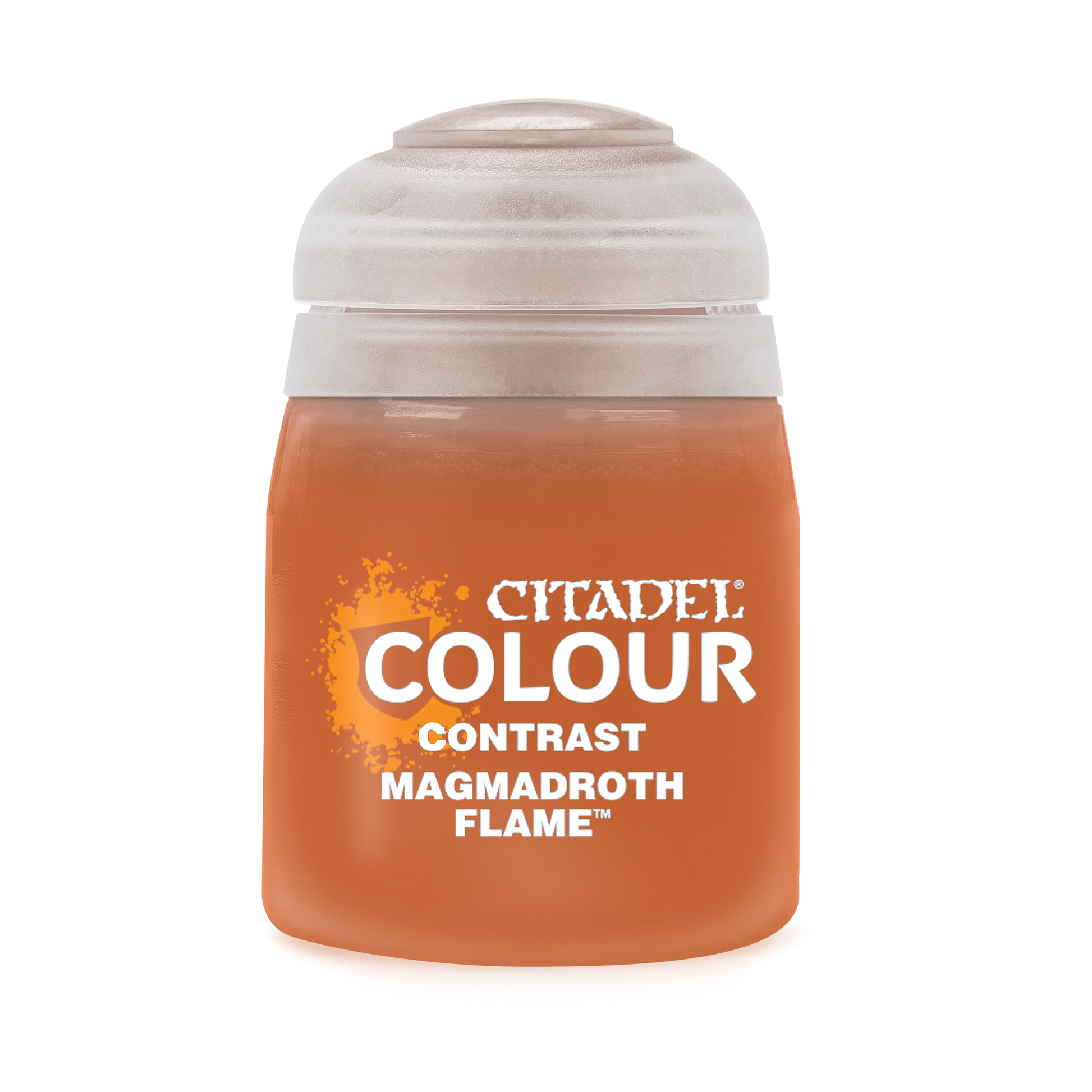 Citadel Contrast Paint: Magmadroth Flame - Opaque orange paint pot with white lid labeled Citadel Colour Contrast Magmadroth Flame.