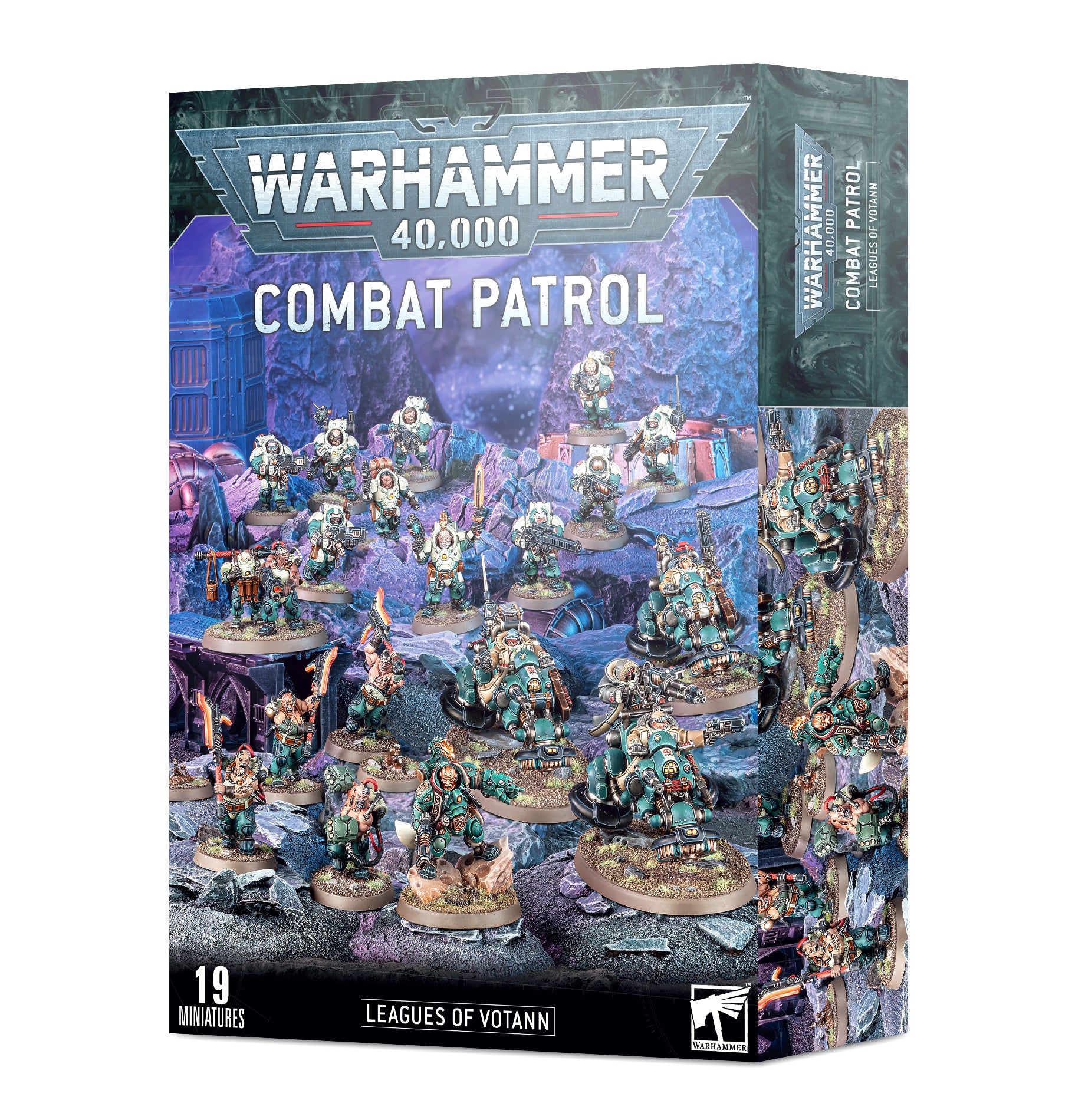 Warhammer 40,000 - Leagues of Votann - Combat Patrol - Warhammer 40,000 Leagues of Votann Combat Patrol box featuring 19 detailed sci-fi miniatures with blue and metallic armor.