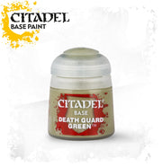 Citadel Base Paint: Death Guard Green - Citadel Base Paint Death Guard Green small round paint pot with white lid and red label.