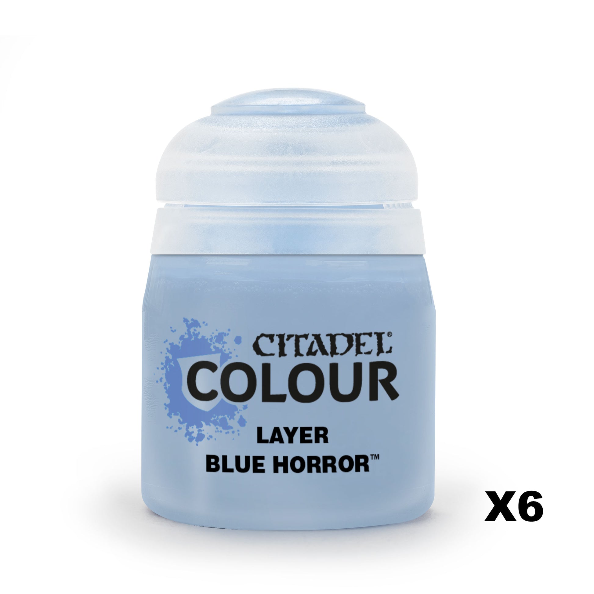 Citadel Layer Paint: Blue Horror - Small frosted plastic jar of light blue Citadel Colour Layer paint with black text and a secure twist-off lid.