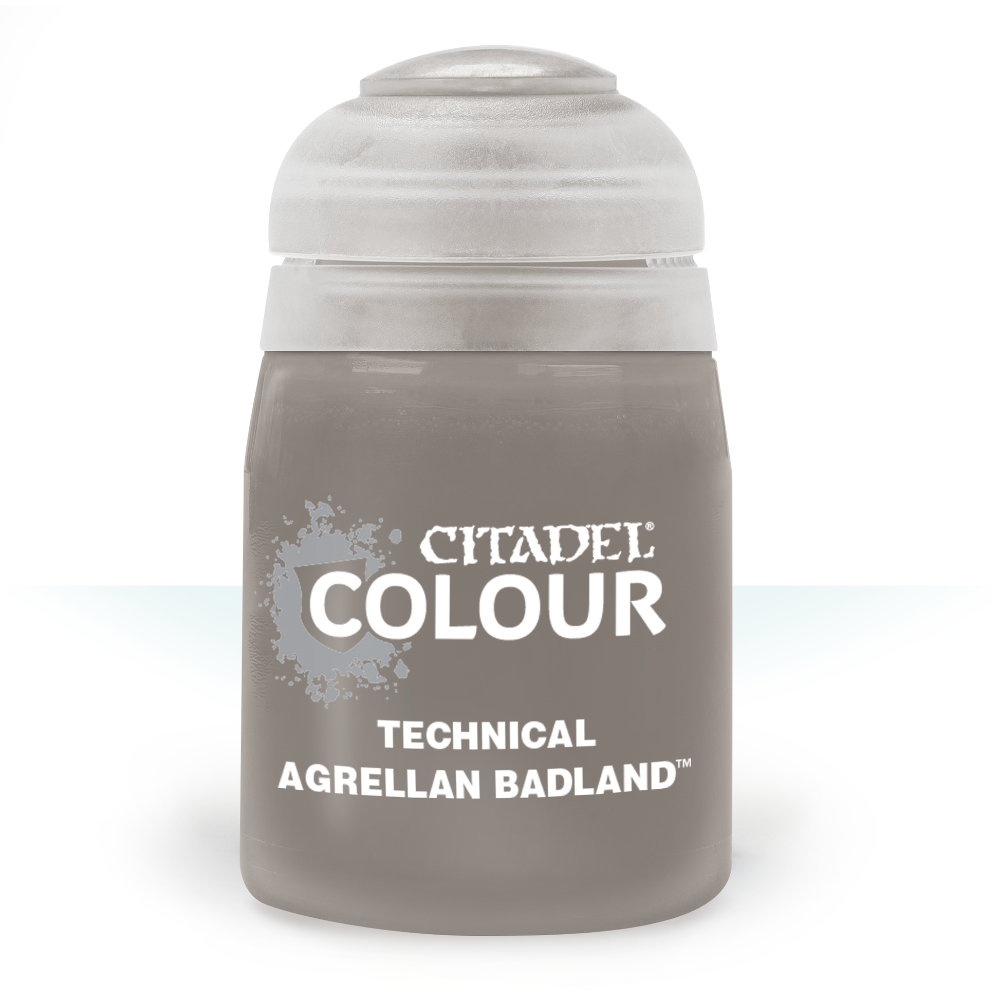 Citadel Technical Paint: Agrellan Badland - Opaque gray plastic paint pot with a white lid labeled Citadel Colour Technical Agrellan Badland paint.