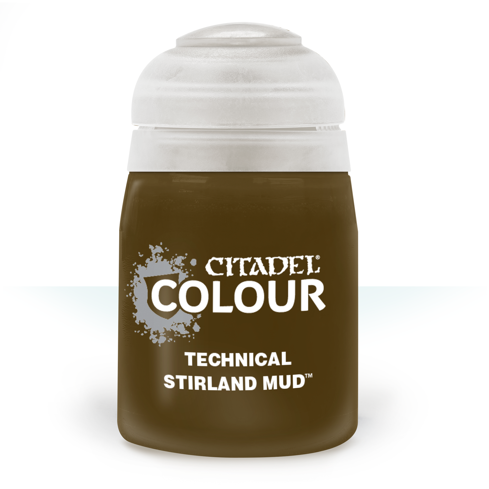 Citadel Technical Paint: Stirland Mud - Small frosted plastic paint pot labeled Citadel Colour Technical Stirland Mud with brown paint inside.