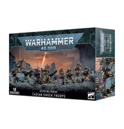 Warhammer 40,000 - Astra Militarum - Cadian Shock Troops - Boxed set of detailed plastic miniature soldiers in green and tan uniforms with rifles and assorted military gear, set in a.