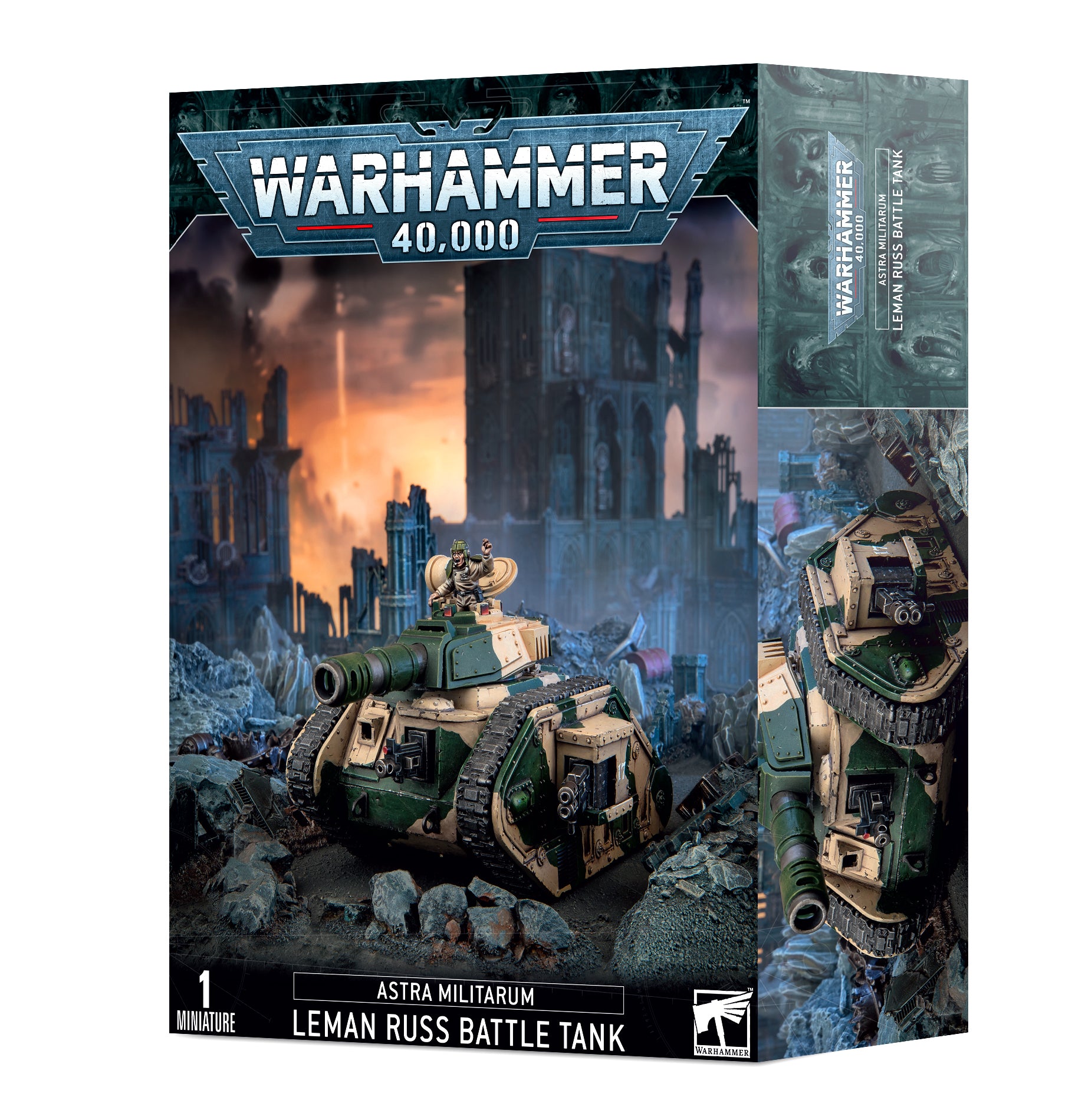 Warhammer 40,000 - Astra Militarum - Leman Russ Battle Tank - Green and tan heavily armored Leman Russ battle tank model with dual cannons and treads on a Warhammer 40,000 box.