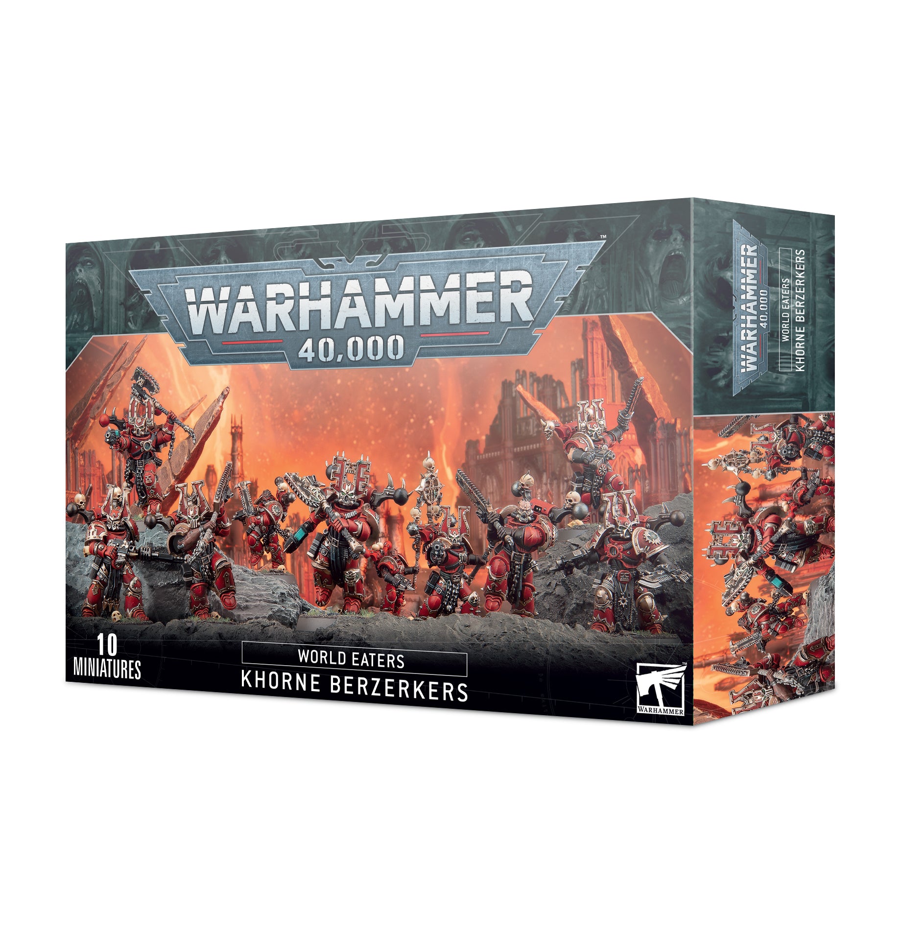 Warhammer 40,000 - World Eaters - Khorne Berzerkers - Box set of Warhammer 40,000 Khorne Berzerkers miniatures featuring red-armored warriors with brutal weapons and spiked armor.