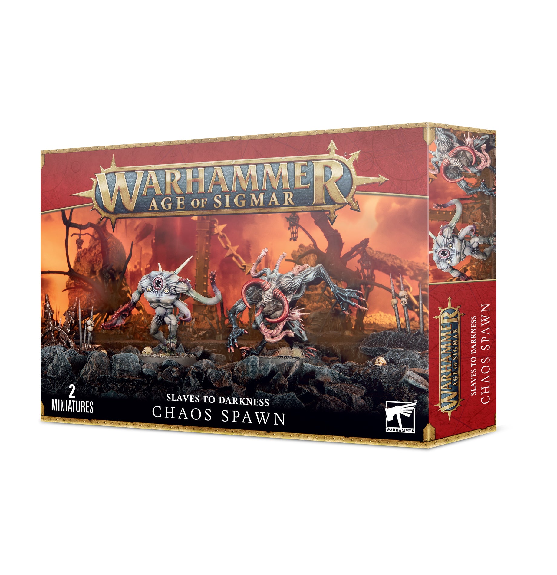 Warhammer Age of Sigmar - Slaves to Darkness - Chaos Spawn - Warhammer Age of Sigmar Slaves to Darkness Chaos Spawn box with dark fantasy monsters illustration and fiery background.
