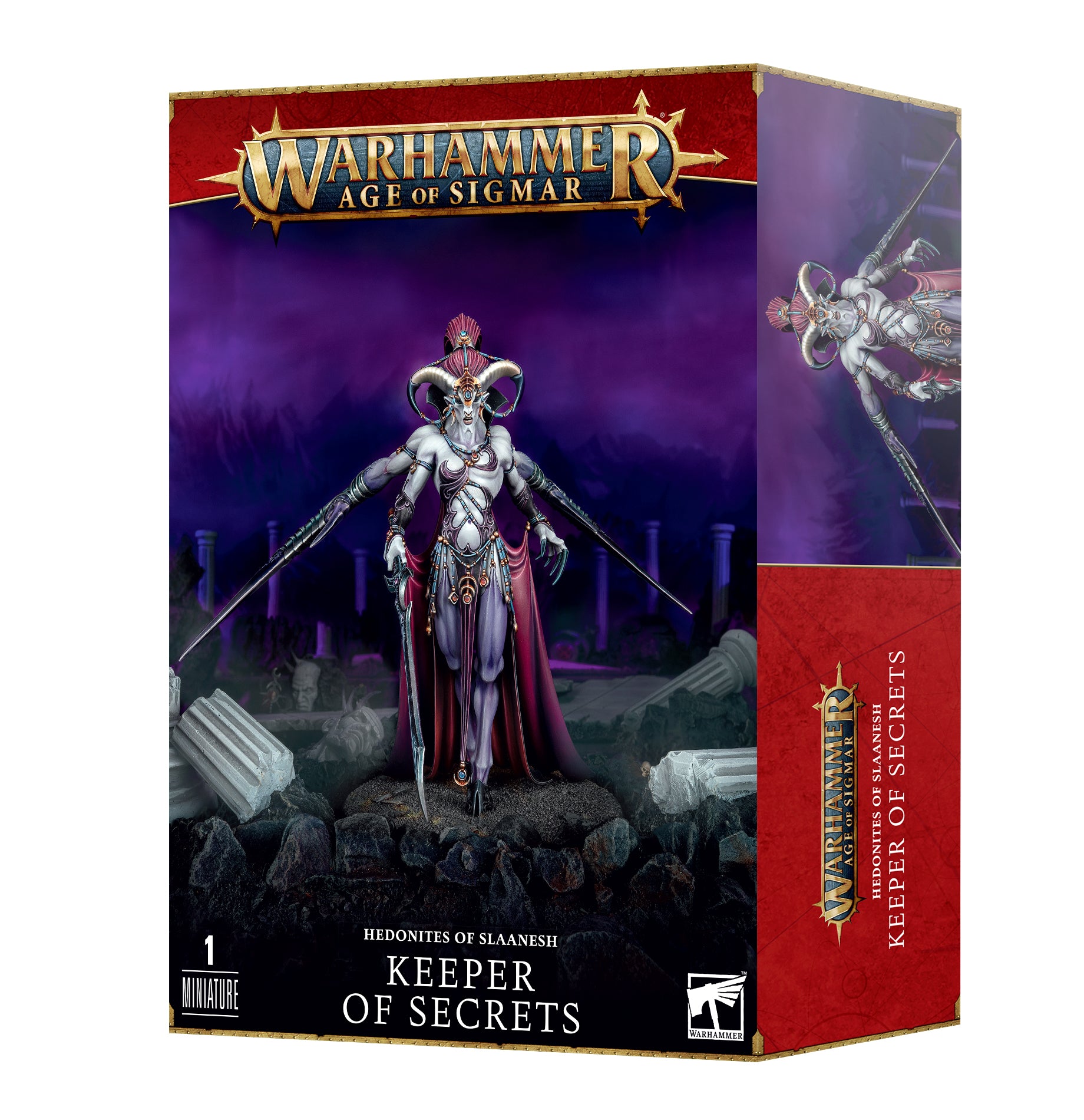 Warhammer Age of Sigmar - Hedonites of Slaanesh - Keeper of Secrets - Detailed painted warrior miniature with muscular armor, flowing cape, and twin whip weapons on rocky base.