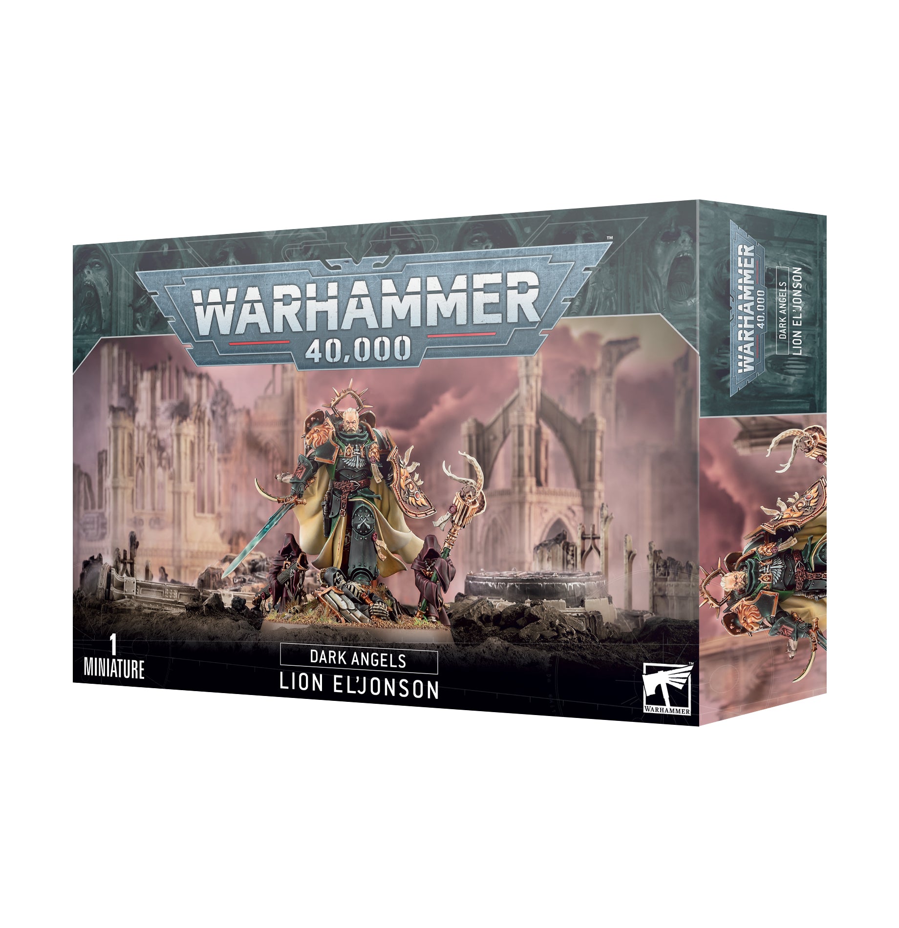Warhammer 40,000 - Dark Angels - Lion El'Jonson - Warhammer 40,000 Dark Angels Lion El'Jonson miniature boxed set with detailed artwork of gothic cathedral background and.