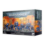 Warhammer 40,000 - Space Marines - Primaris Intercessors - Boxed set of 10 blue armored Space Marines miniatures with futuristic rifles, Warhammer 40,000 Primaris Intercessors.