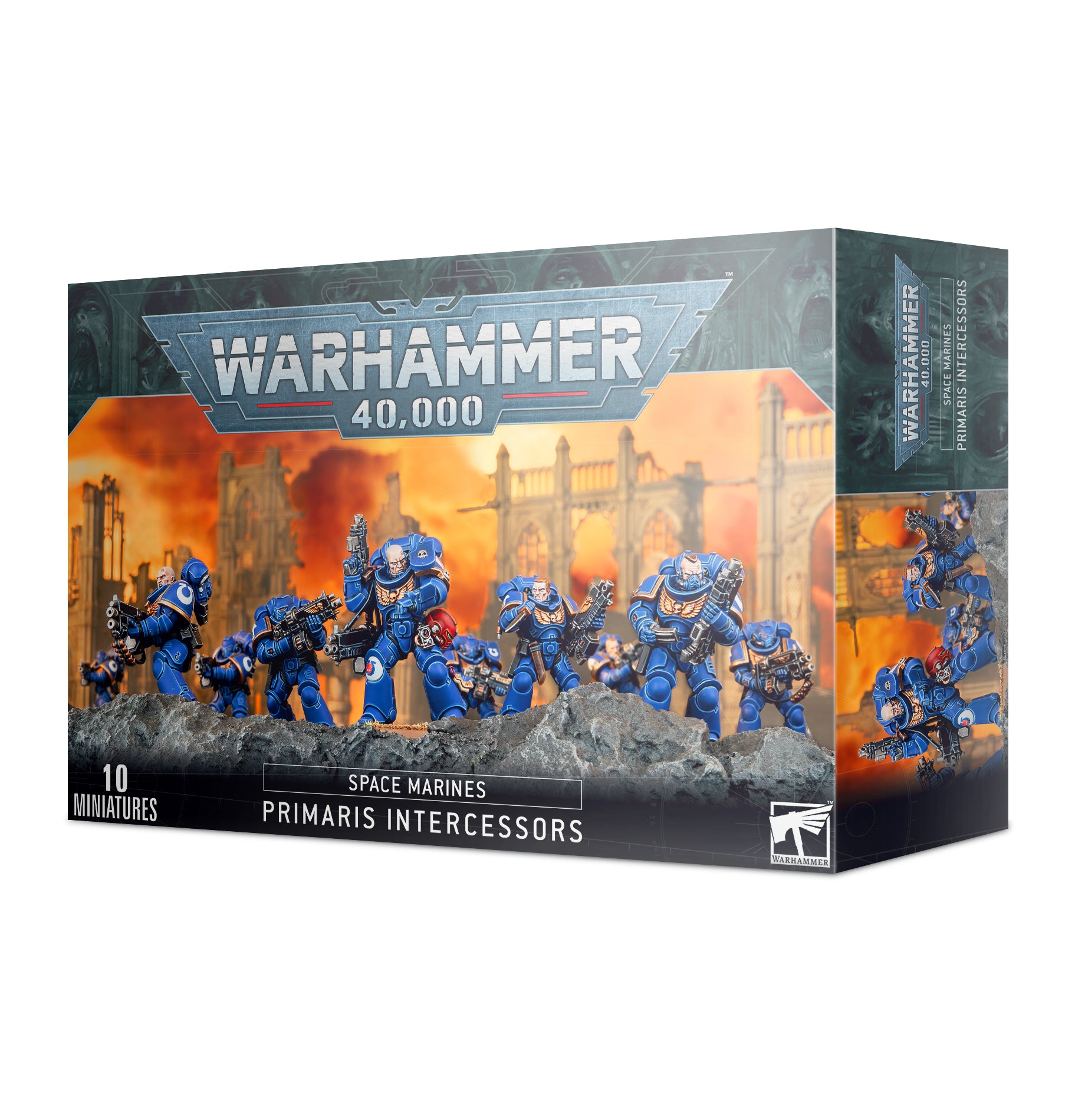 Warhammer 40,000 - Space Marines - Primaris Intercessors - Boxed set of 10 blue armored Space Marines miniatures with futuristic rifles, Warhammer 40,000 Primaris Intercessors.