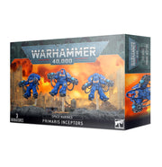 Warhammer 40,000 - Space Marines - Primaris Inceptors - Box set featuring three blue armored Space Marine Primaris Inceptor miniatures with jetpacks and weapons against an orange.