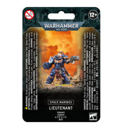 Warhammer 40,000 - Space Marines - Lieutenant - Blue armored Space Marine lieutenant mini figure in dynamic pose with weapon, packaged in blister card with Warhammer 40,000