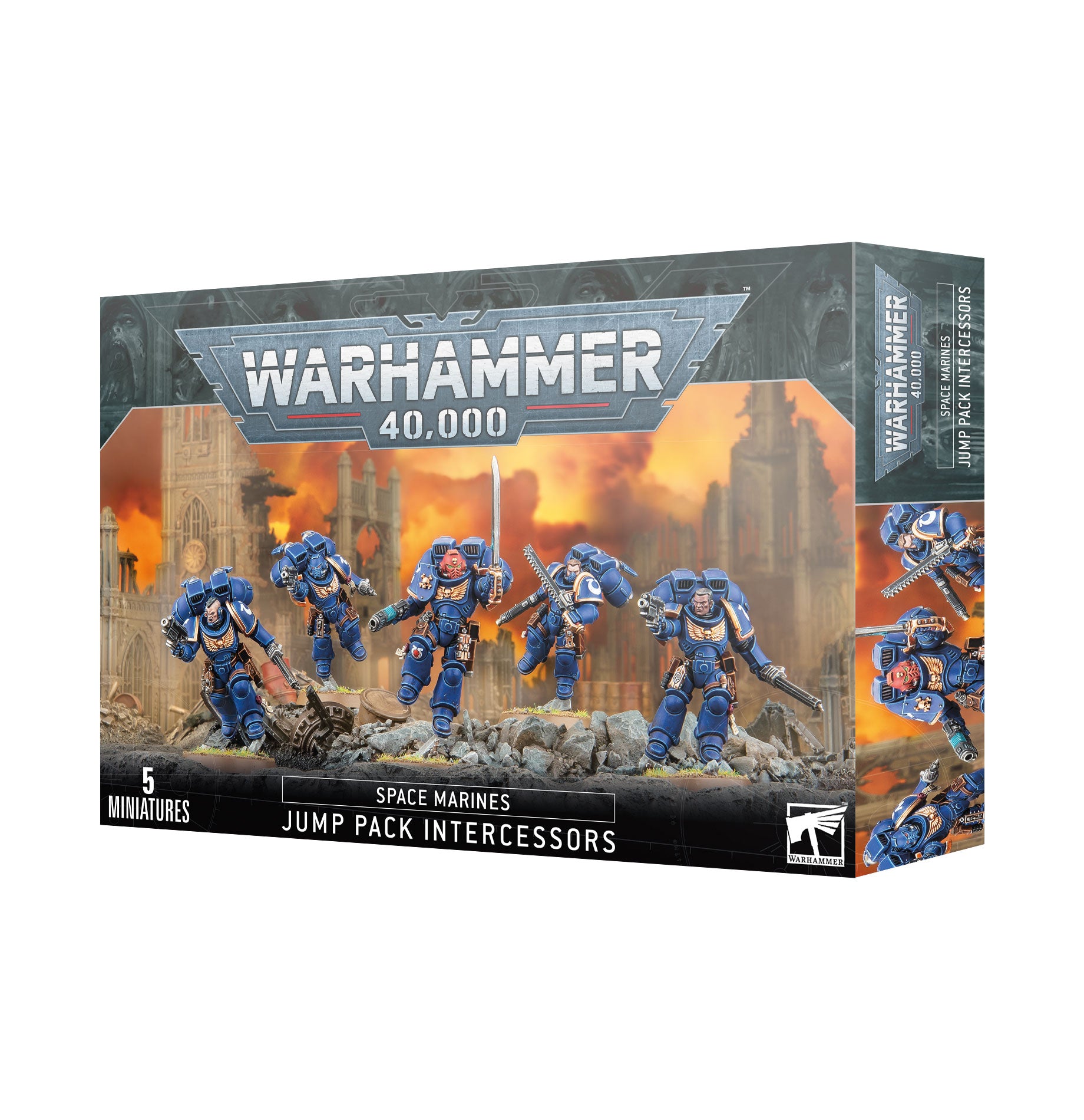 Warhammer 40,000 - Space Marines - Jump Pack Intercessors - Set of five blue-armored Space Marine miniatures with jump packs, futuristic weapons, and dynamic combat poses on a.