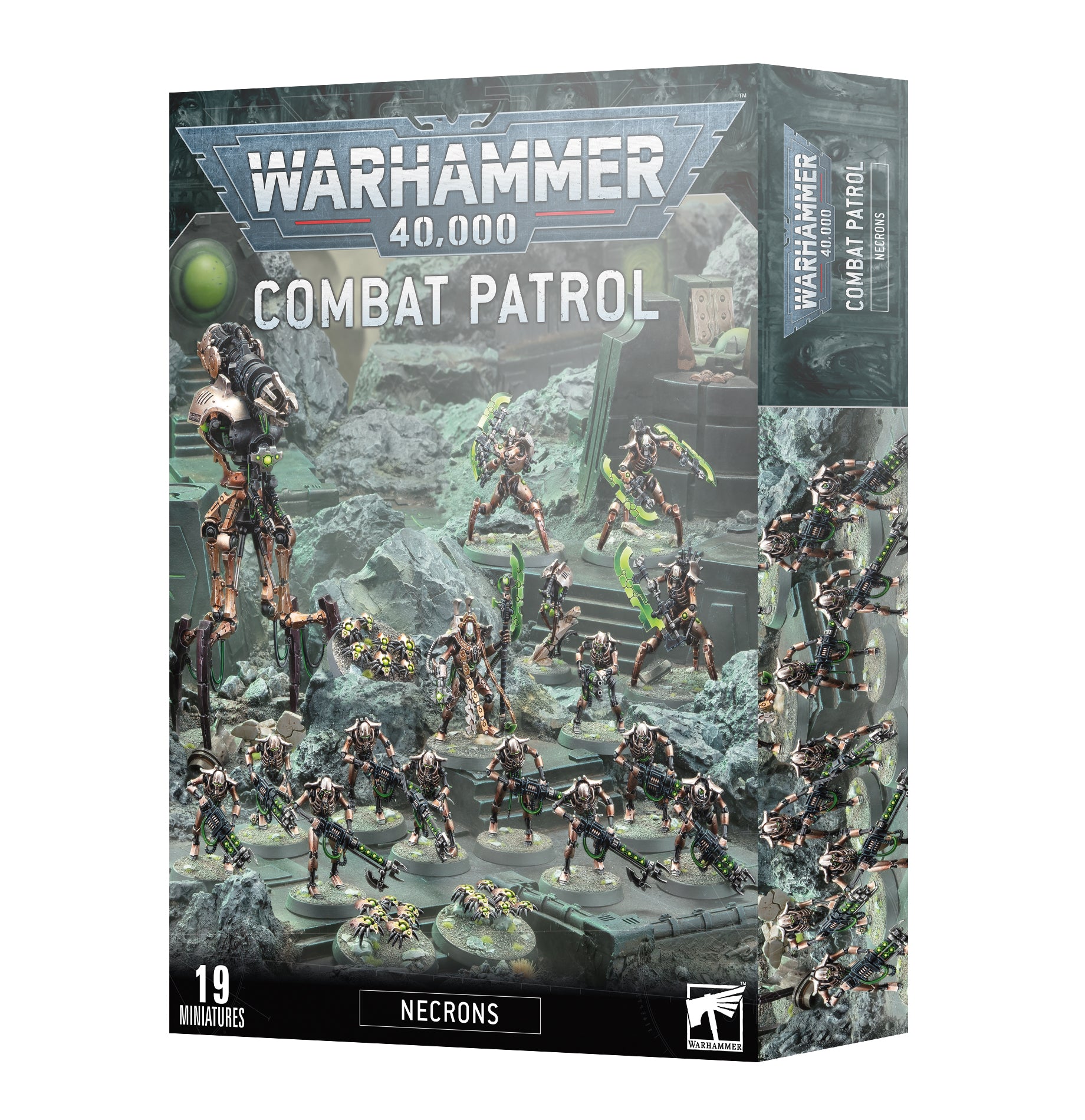 Warhammer 40,000 - Necrons - Combat Patrol - Warhammer 40,000 Necrons Combat Patrol box featuring 19 dark metallic skeletal robotic miniatures on a sci-fi battlefield.