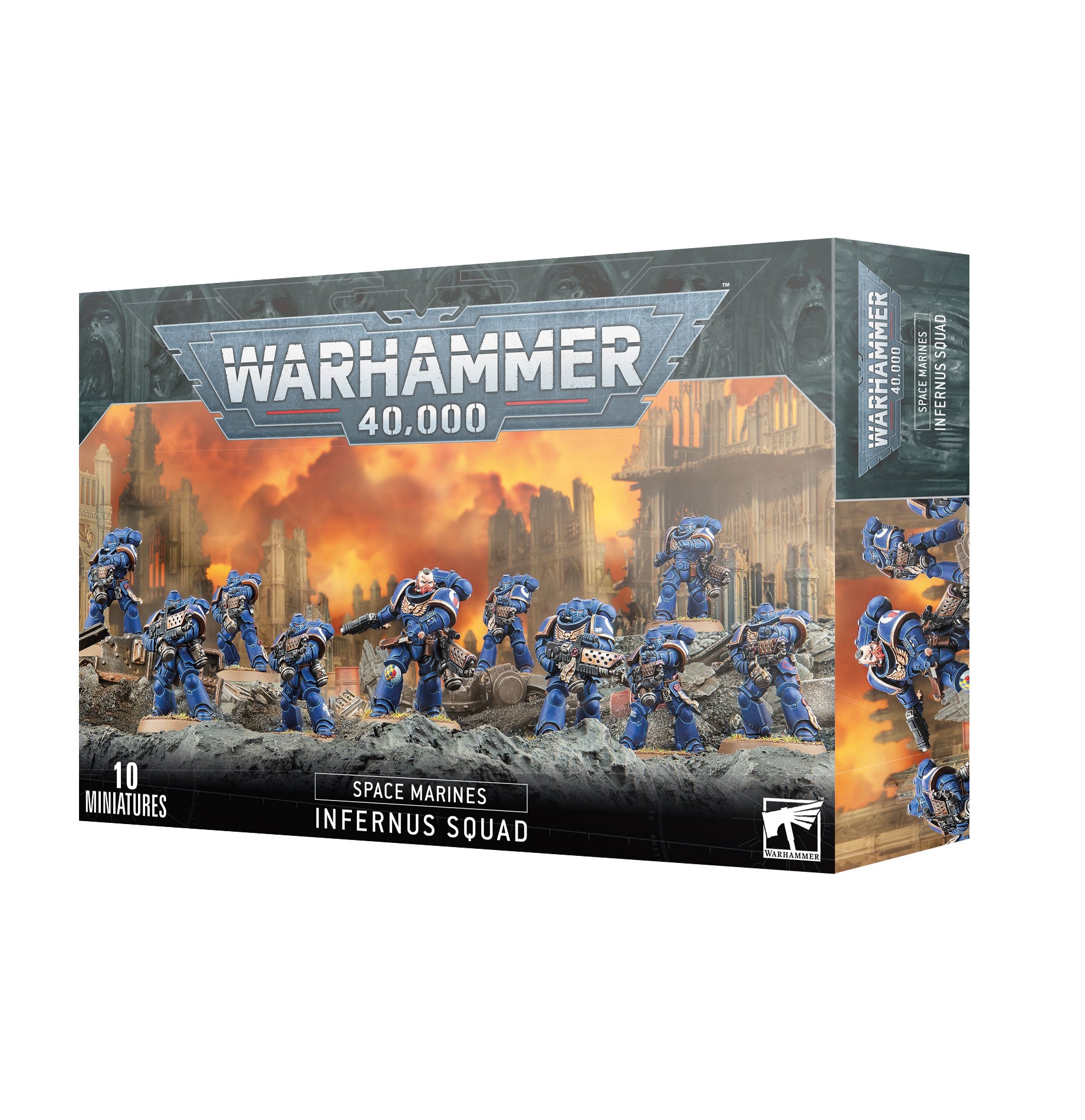 Warhammer 40,000 - Space Marines - Infernus Squad - Boxed Warhammer 40,000 Space Marines Infernus Squad set featuring ten blue-armored miniature figures with weapons against a.