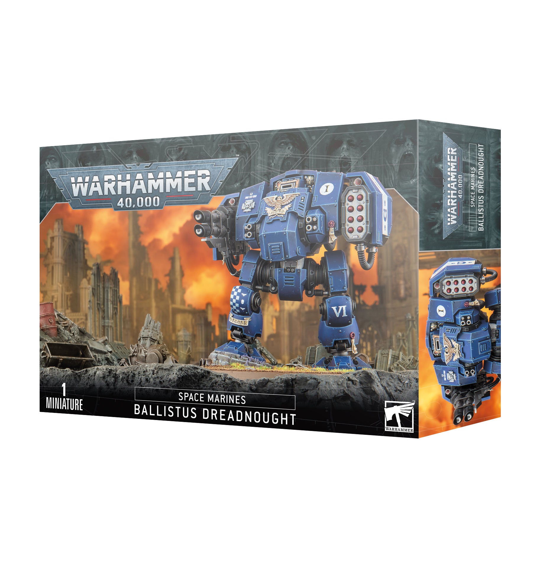 Warhammer 40,000 - Space Marines - Ballistus Dreadnought - Blue Warhammer 40,000 Space Marines Ballistus Dreadnought model kit box with urban battle scene background and mechanical.