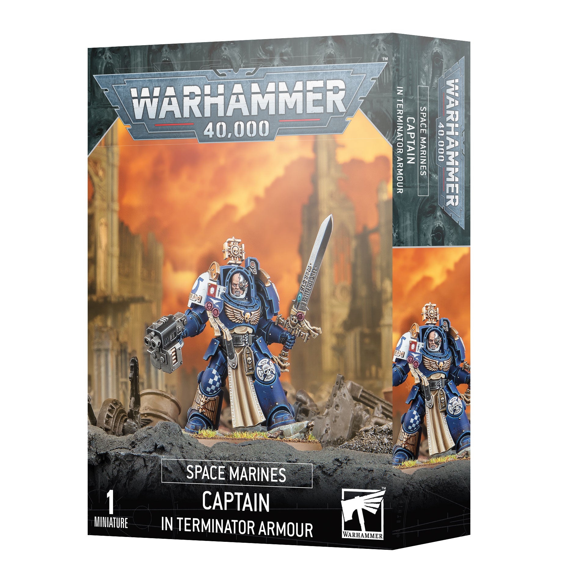 Warhammer 40,000 - Space Marines - Captain in Terminator Armour - Blue and silver armored Space Marine Captain miniature holding a sword and bolt pistol on a war-torn base.