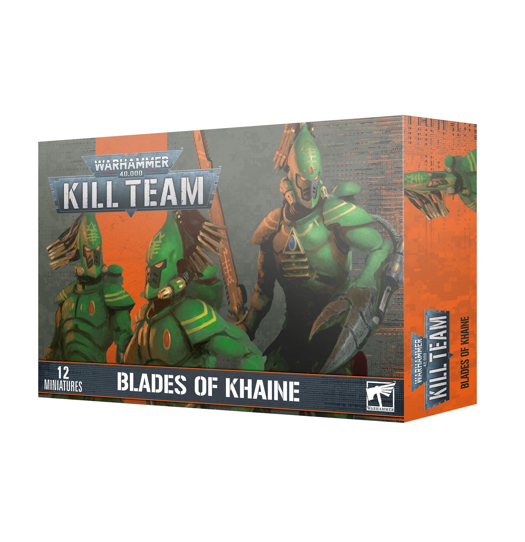 Warhammer 40,000 - Kill team - Aeldari Blades of Khaine - Warhammer 40,000 Kill Team Blades of Khaine box art featuring green-armored Aeldari warriors with sleek helmets and sharp,.