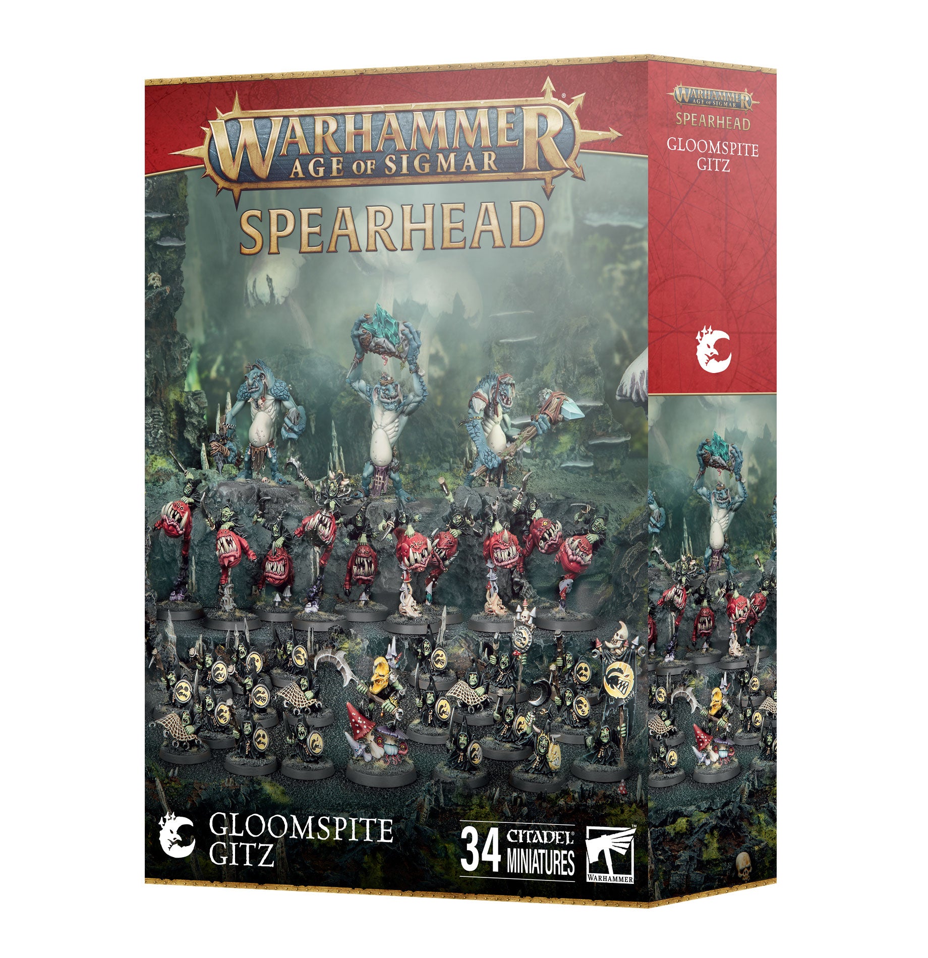 Warhammer Age of Sigmar - Gloomspite Gitz - Spearhead Box - Warhammer Age of Sigmar Gloomspite Gitz Spearhead Box with painted figures wielding spears and goblin-like warriors in dark,