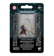 Warhammer 40,000 - Adepta Sororitas - Ministorum Priest with Vindicator - Warhammer 40,000 Ministorum Priest miniature in black and gold armor holding a flaming staff, with a red cloak and ornate.