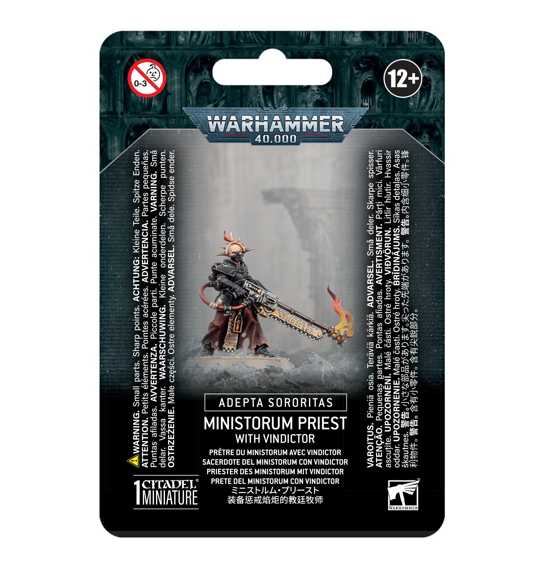 Warhammer 40,000 - Adepta Sororitas - Ministorum Priest with Vindicator - Warhammer 40,000 Ministorum Priest miniature in black and gold armor holding a flaming staff, with a red cloak and ornate.