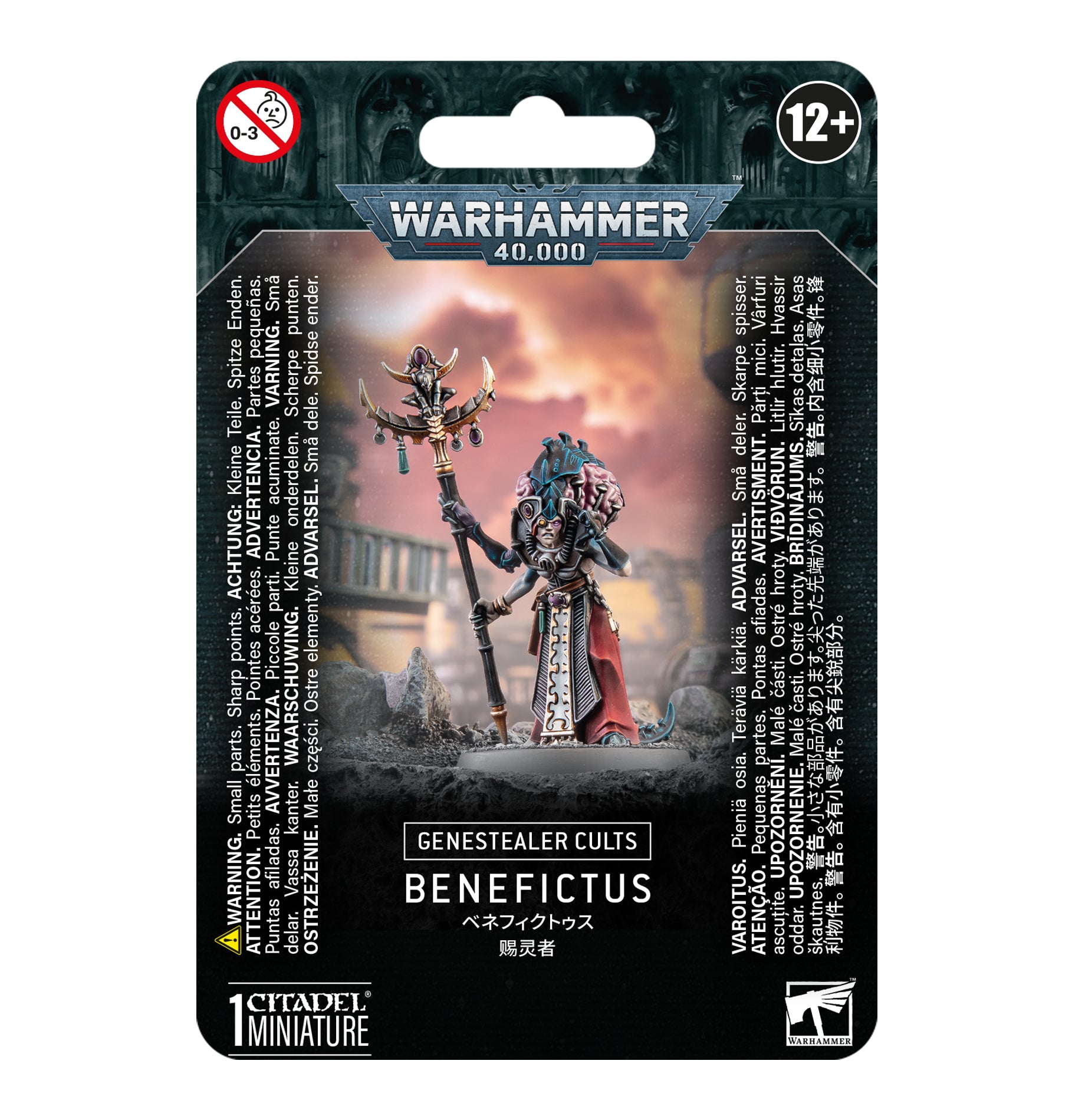 Warhammer 40,000 - Genestealer Cults - Benefictus - Warhammer 40,000 Genestealer Cults Benefictus miniature with dark armor, red and silver accents, holding a staff topped with