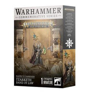 Warhammer Age of Sigmar - Slaves to Darkness - Tzarketh Bane of Law - Warhammer Age of Sigmar Slaves to Darkness Tzarketh Bane of Law boxed miniature set with dark armored figure holding staff.