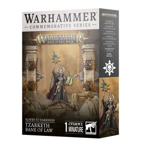 Warhammer Age of Sigmar - Slaves to Darkness - Tzarketh Bane of Law - Warhammer Age of Sigmar Slaves to Darkness Tzarketh Bane of Law boxed miniature set with dark armored figure holding staff.