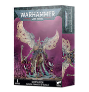 Warhammer 40,000 - Death Guard - Mortarion, Daemon Primarch of Nurgle - Detailed Mortarion model with pale, decayed armor, large bat-like wings, and intricate weaponry on a textured base.
