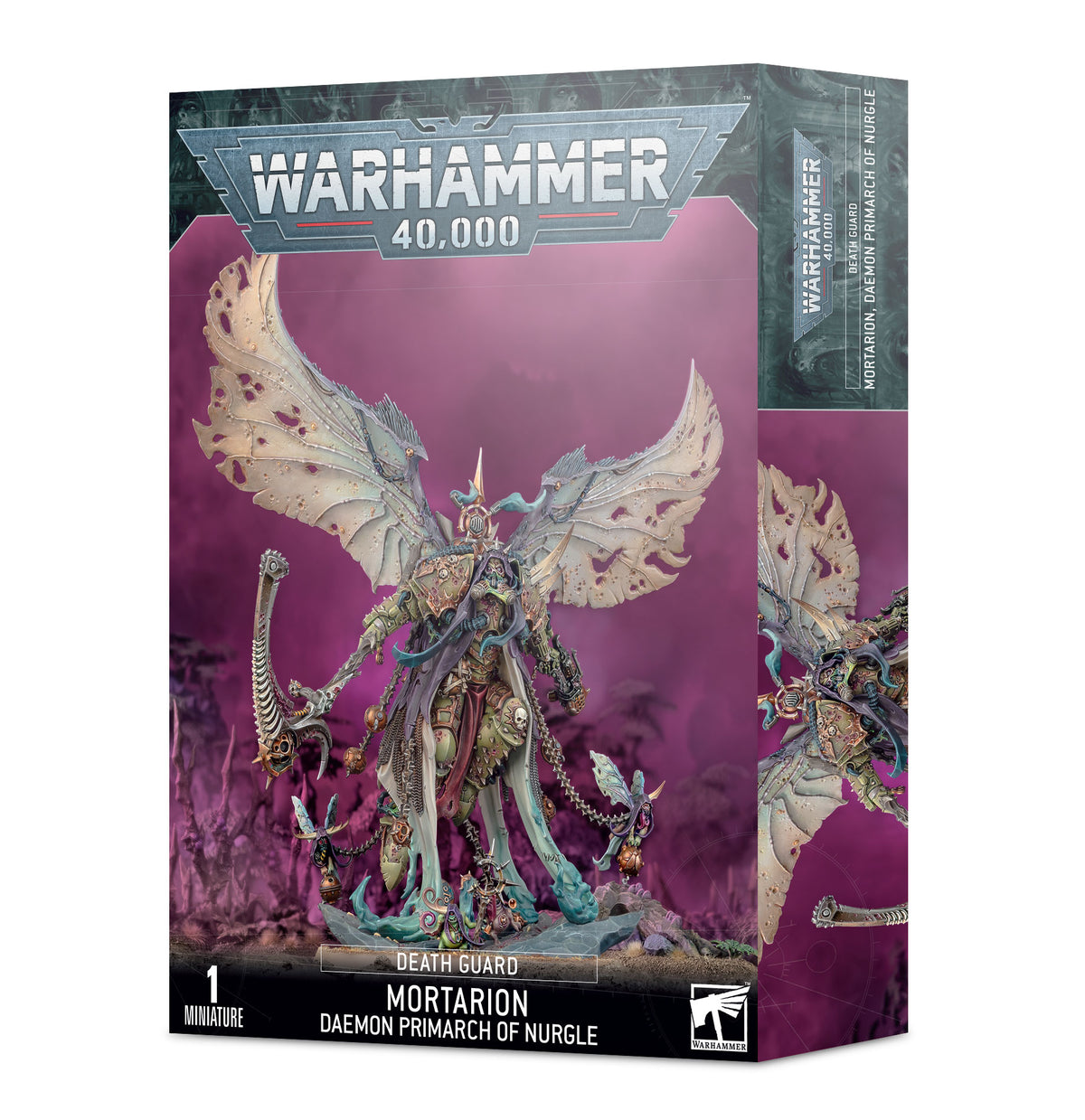 Warhammer 40,000 - Death Guard - Mortarion, Daemon Primarch of Nurgle - Detailed Mortarion model with pale, decayed armor, large bat-like wings, and intricate weaponry on a textured base.