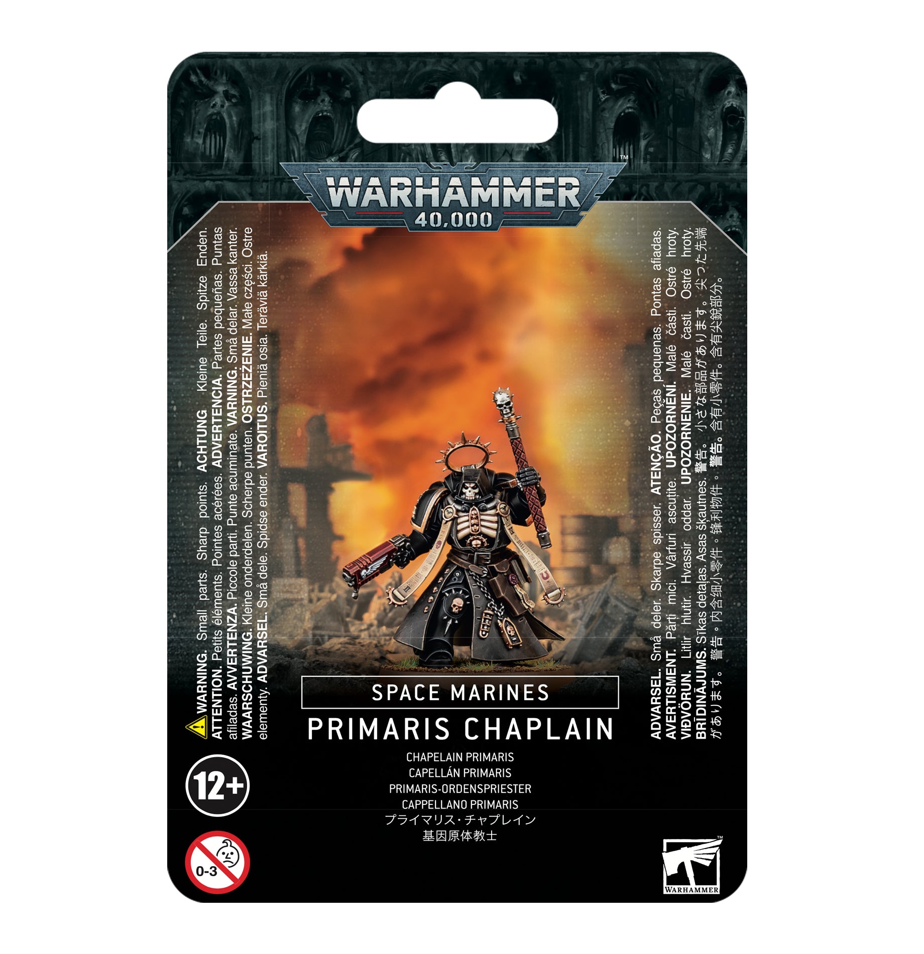 Warhammer 40,000 - Space Marines - Primaris Chaplain - Warhammer 40,000 Primaris Chaplain miniature with black armor, skull helmet, staff, and gold accents on black card backing.
