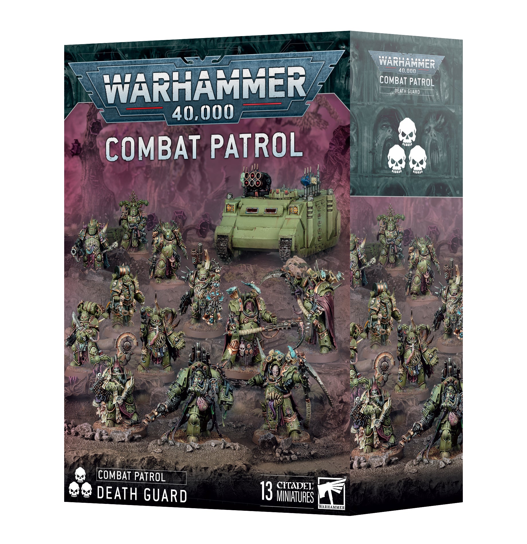 Warhammer 40,000 - Death Guard - Combat Patrol - Warhammer 40,000 Death Guard Combat Patrol box featuring green and brown bio-corrupted miniatures and a green armored.