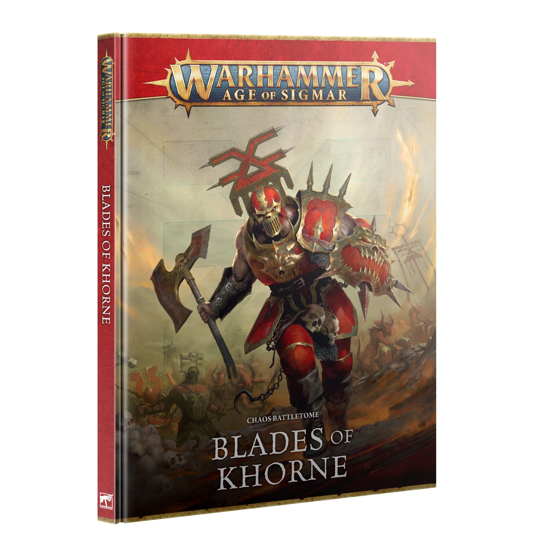 Warhammer Age of Sigmar - Blades of Khorne - Battletome - Hardcover book with red and brown cover featuring a menacing armored warrior wielding a large axe, titled Warhammer Age of.