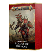 Warhammer Age of Sigmar - Blades of Khorne - Warscroll Cards - Red and gold box featuring a heavily armored warrior with a spiked helmet and axe, labeled Warhammer Age of Sigmar Blades of