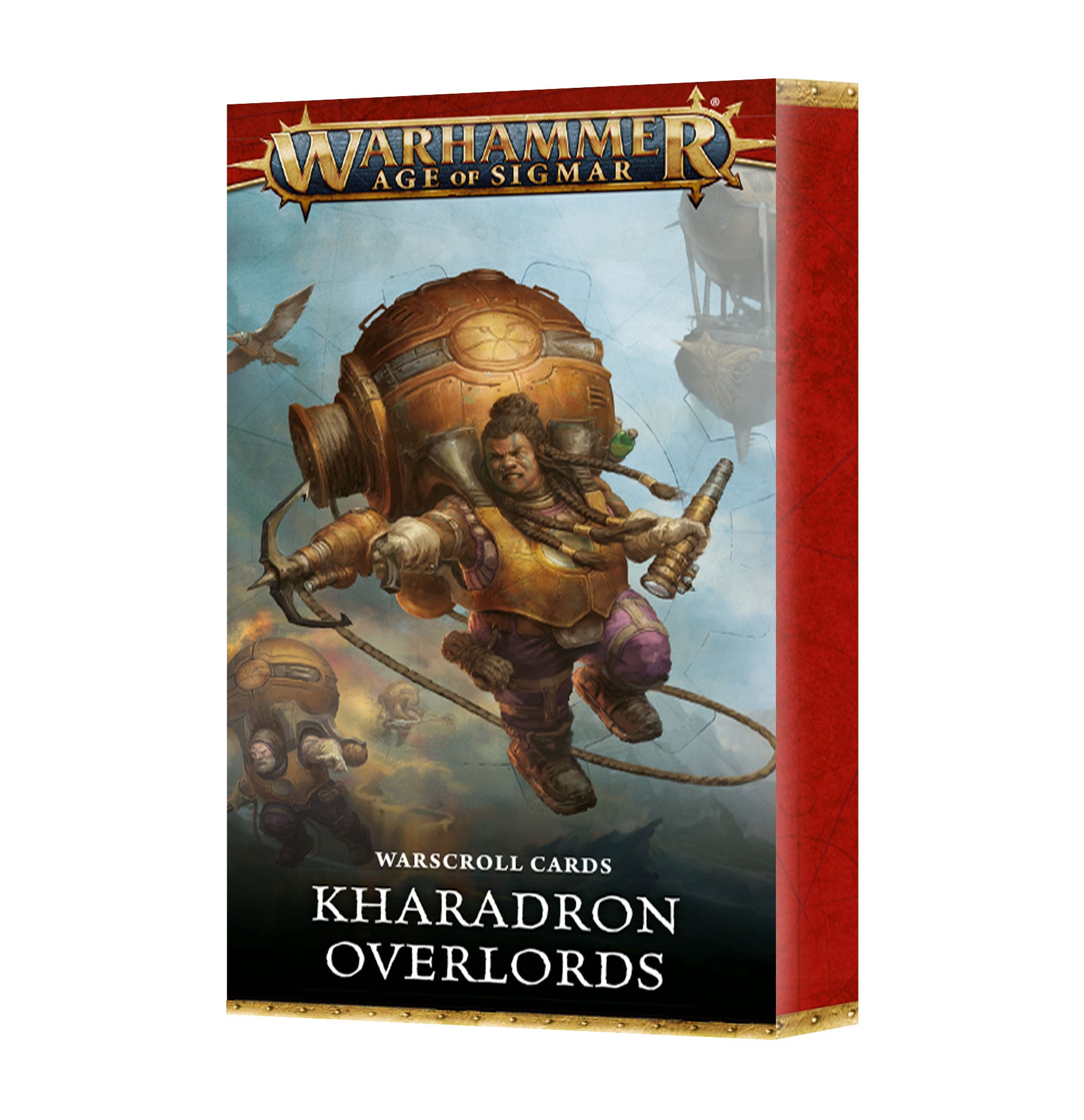 Warhammer Age of Sigmar - Kharadron Overlords - Warscroll Cards - Box of Warhammer Age of Sigmar Kharadron Overlords warscroll cards with steampunk airship pilot artwork on front.