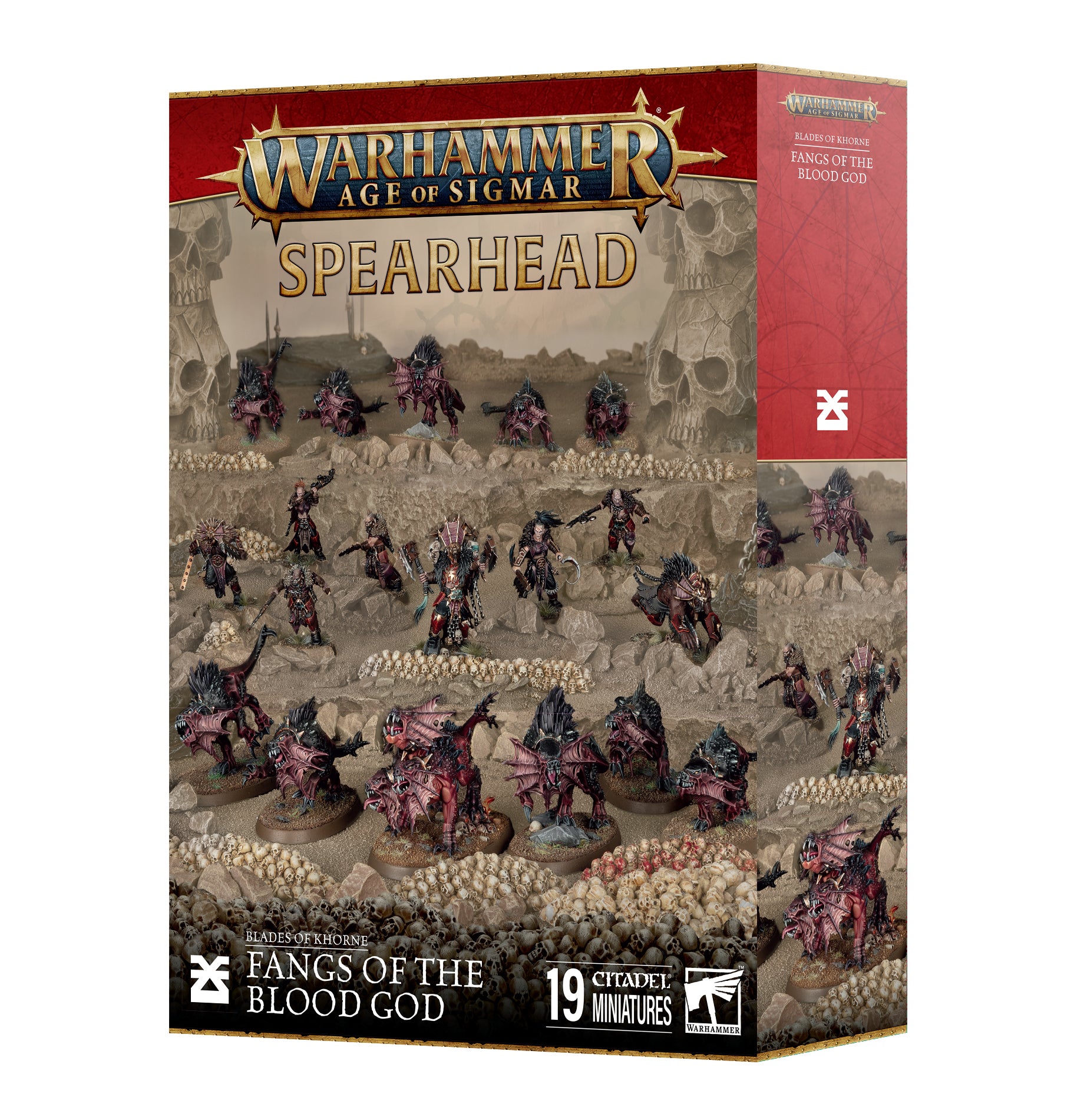 Warhammer Age of Sigmar - Blades of Khorne - Fangs of the Blood God Spearhead - Warhammer Age of Sigmar Blades of Khorne miniature set featuring 19 blood god warriors with red and bronze armor wielding.