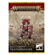 Warhammer Age of Sigmar - Blades of Khorne - Deathbringer - Armored warrior figure in red and black with horned helmet, large axe, skull motifs, standing on a pile of skulls.