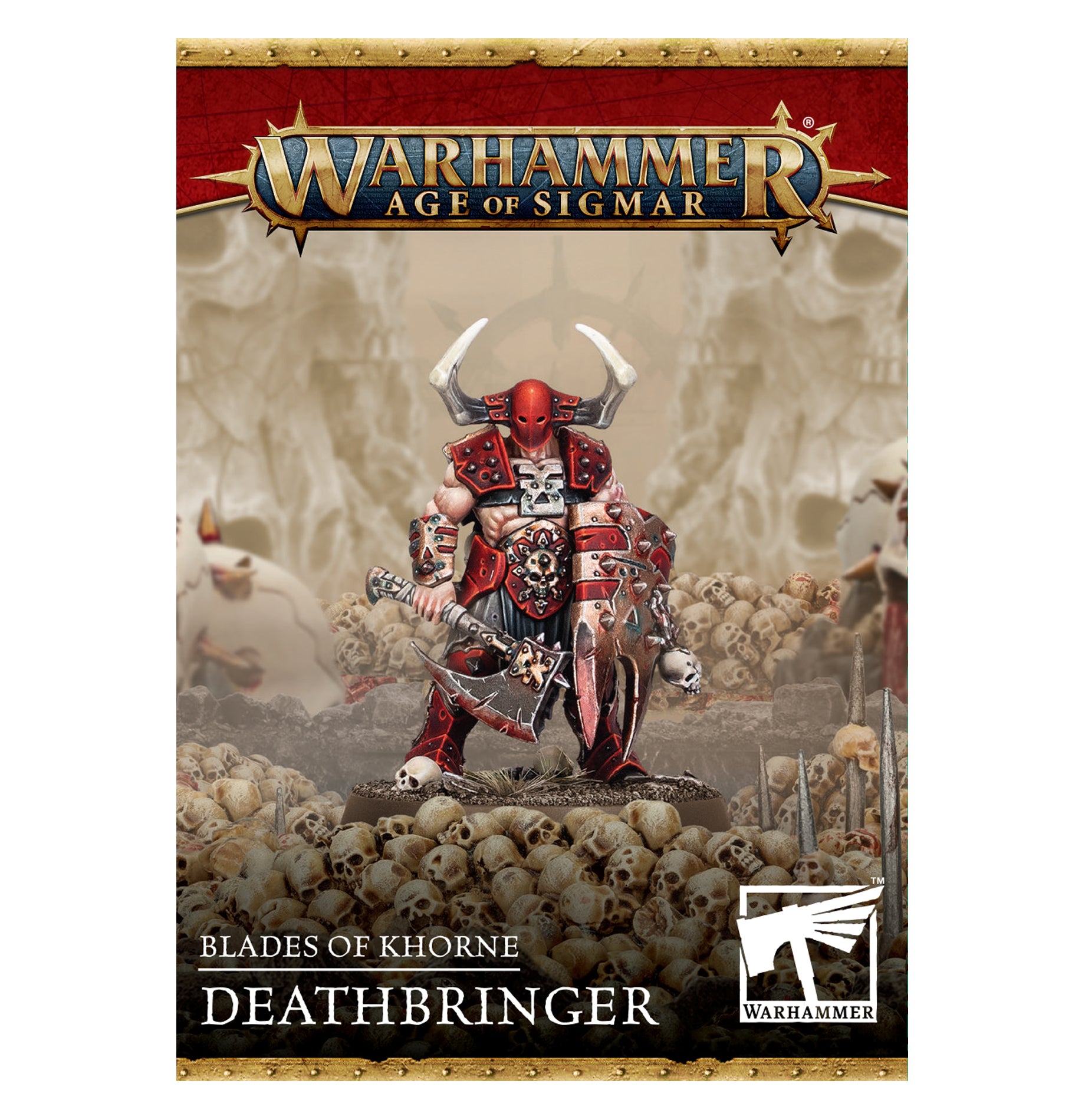Warhammer Age of Sigmar - Blades of Khorne - Deathbringer - Armored warrior figure in red and black with horned helmet, large axe, skull motifs, standing on a pile of skulls.