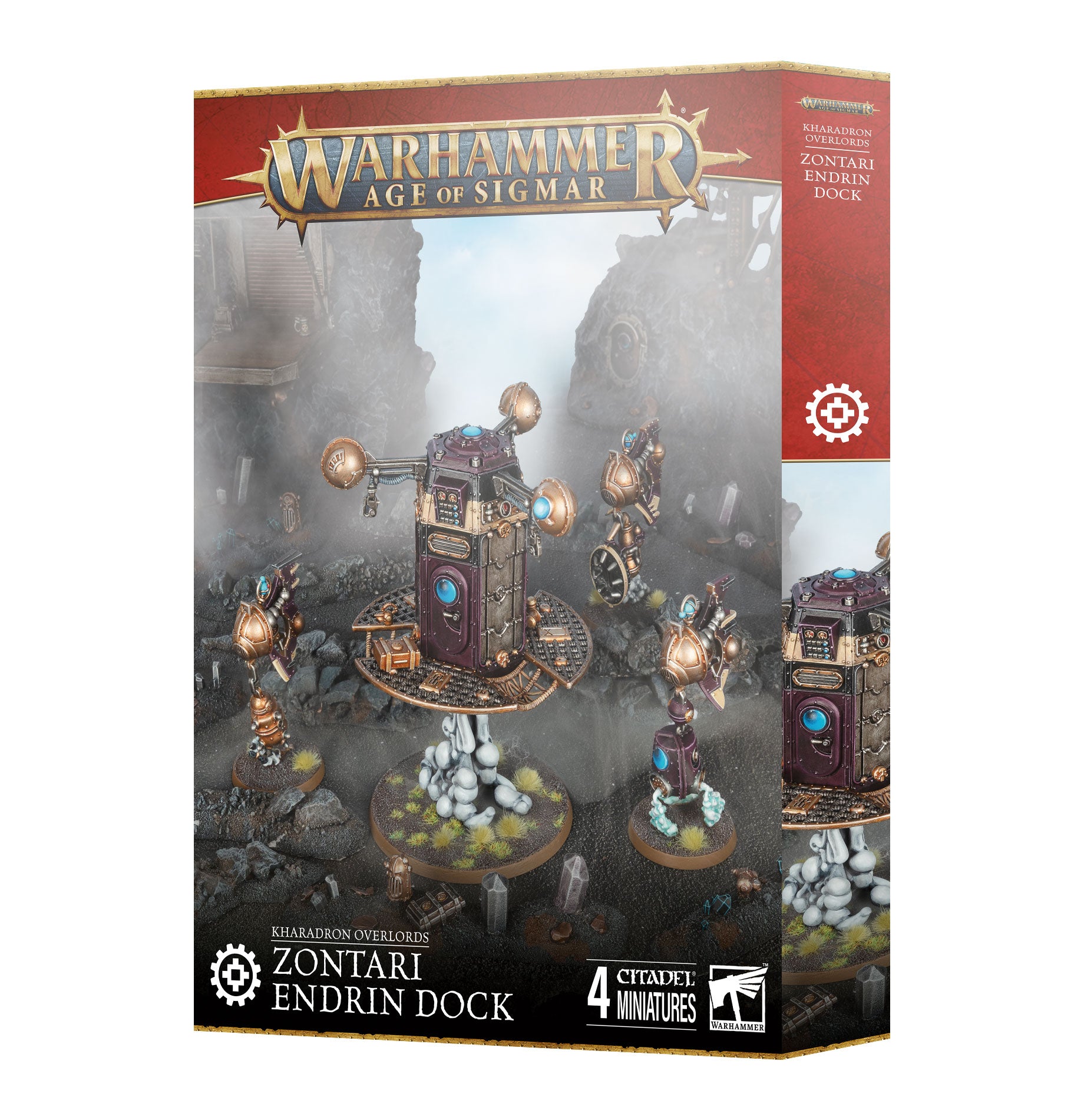 Warhammer Age of Sigmar - Kharadron Overlords - Zontari Endrin Dock - Warhammer Age of Sigmar Kharadron Overlords Zontari Endrin Dock miniature set with bronze and metallic blue floating.