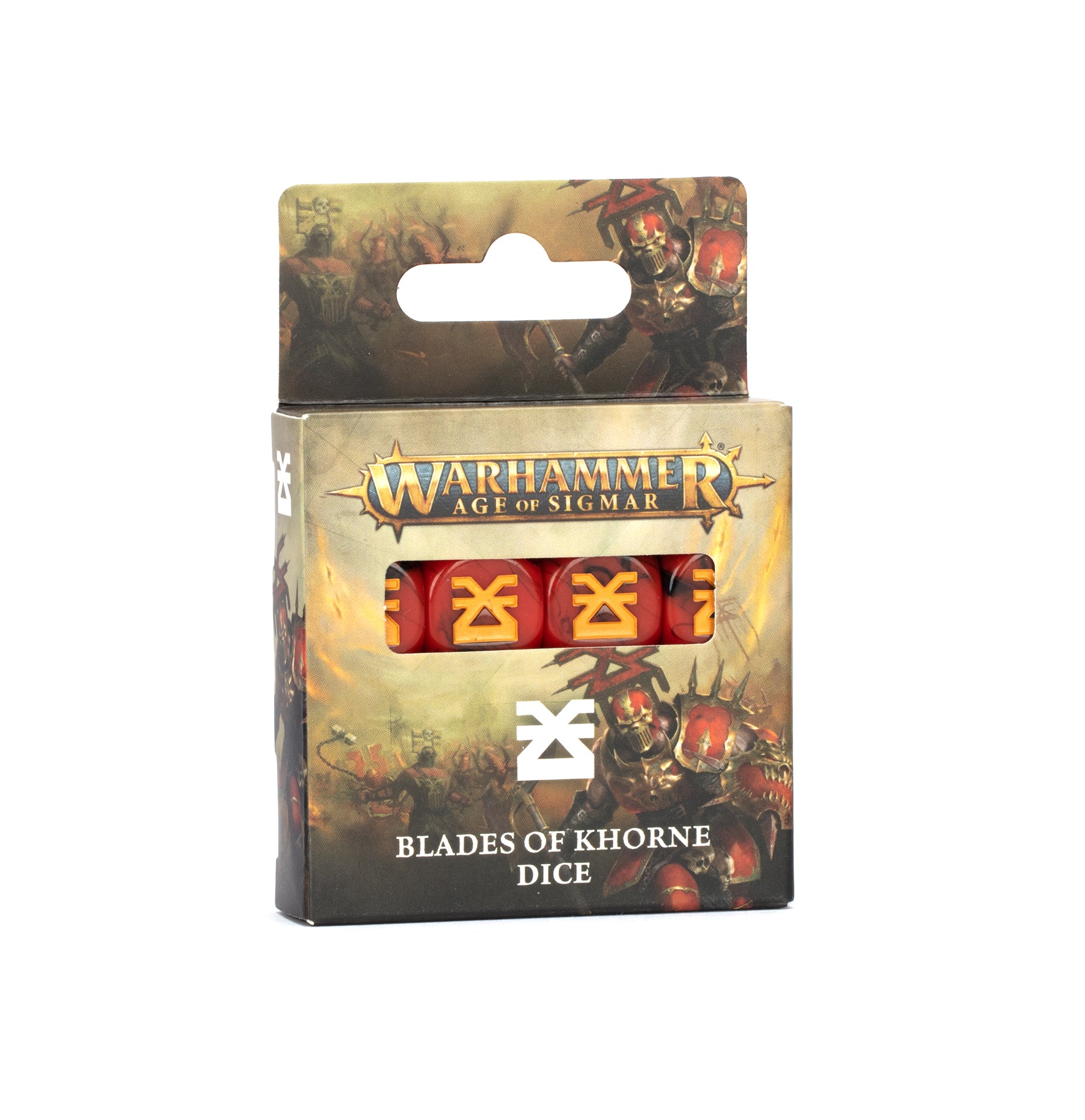 Warhammer Age of Sigmar - Blades of Khorne - Dice - Set of six red six-sided dice with yellow bloodied skull icon, packaged in Warhammer Age of Sigmar themed box.