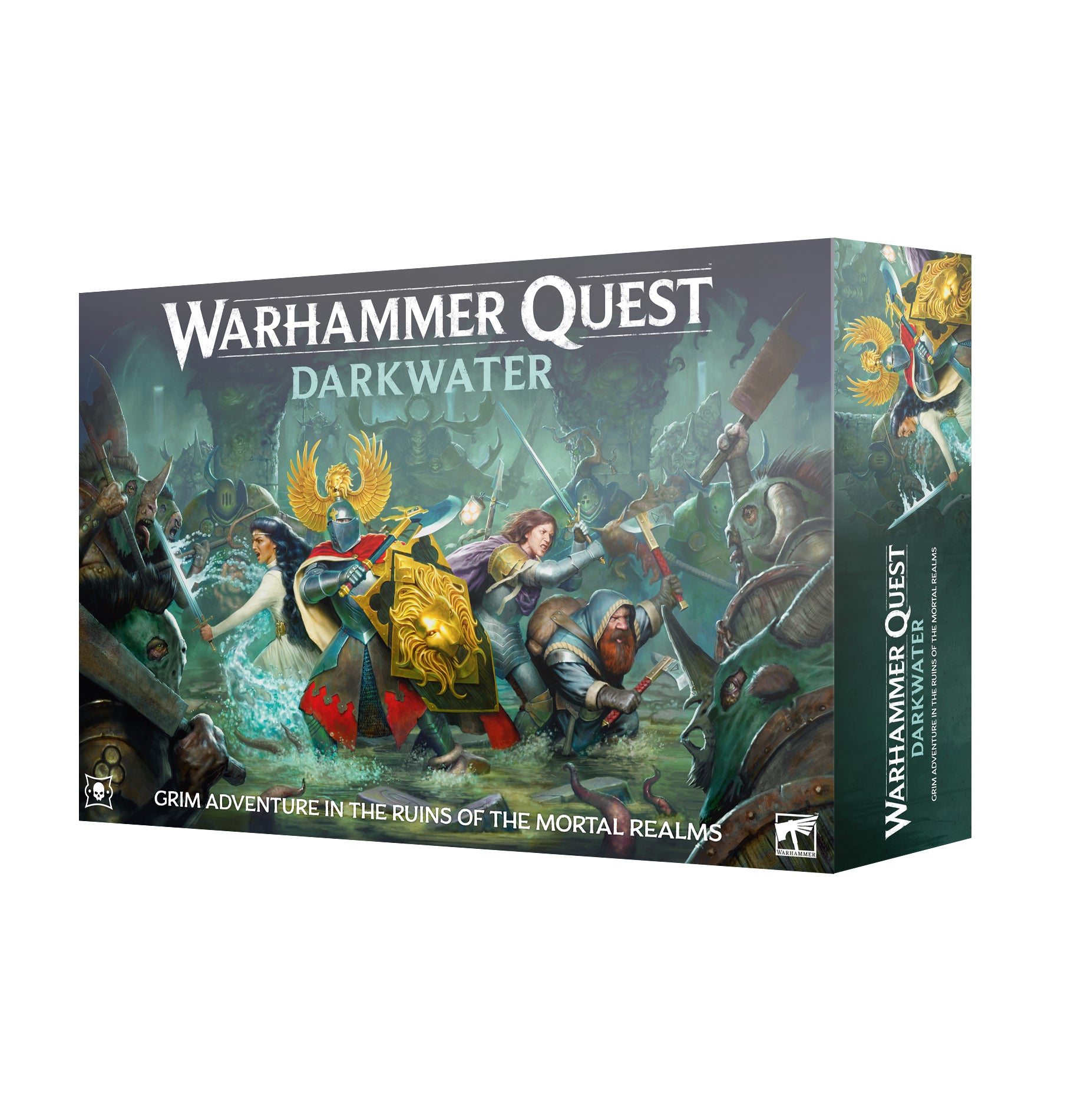 Warhammer Quest - Darkwater - Warhammer Quest Darkwater board game box with fantasy hero artwork, dark blue and green tones, and action scene of warriors.