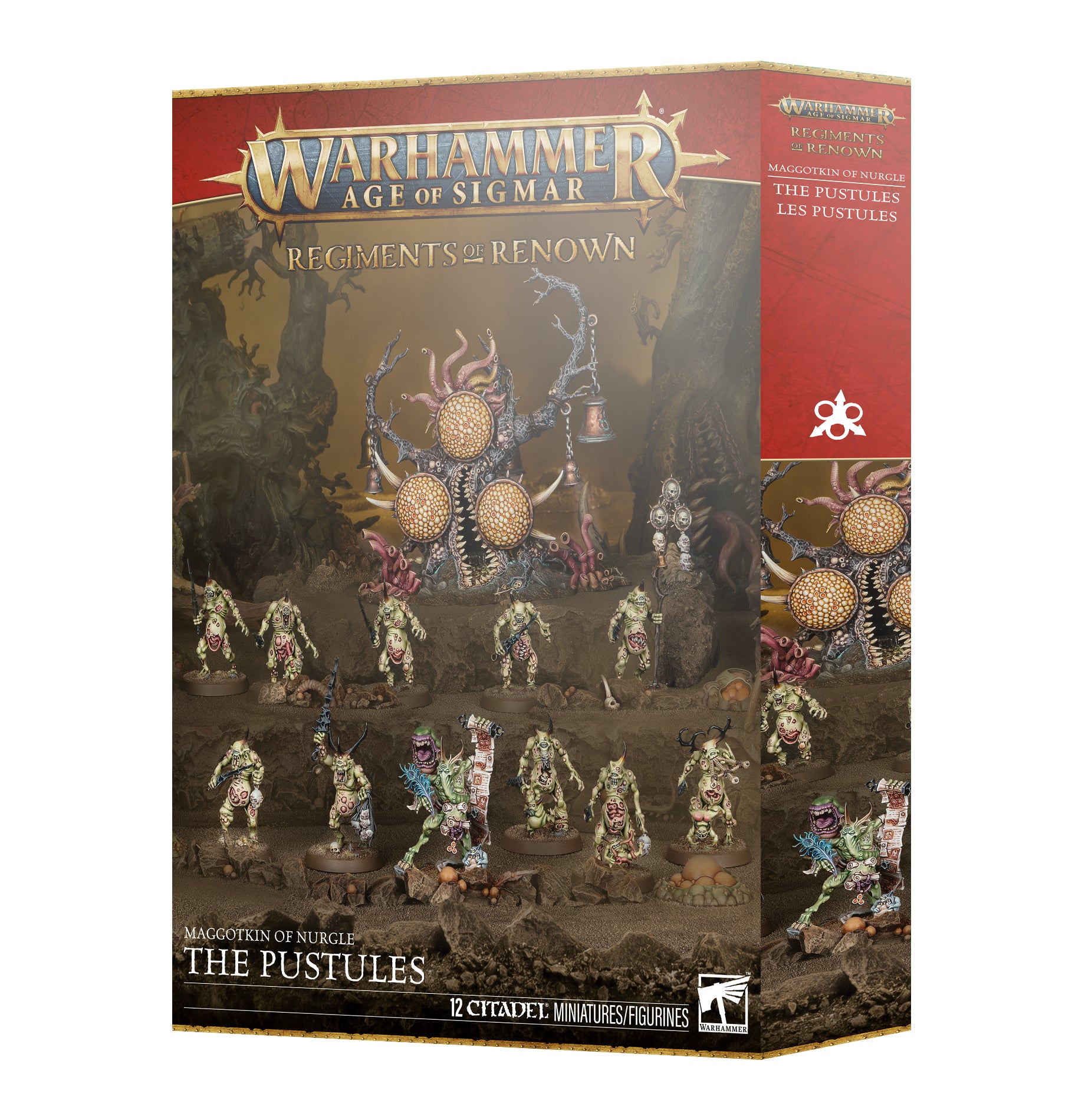 Warhammer Age of Sigmar - Maggotkin of Nurgle - The Pustules Regiment of Renown - Warhammer Age of Sigmar Pustules Regiment of Renown box showing painted Maggotkin of Nurgle miniatures with grotesque,.