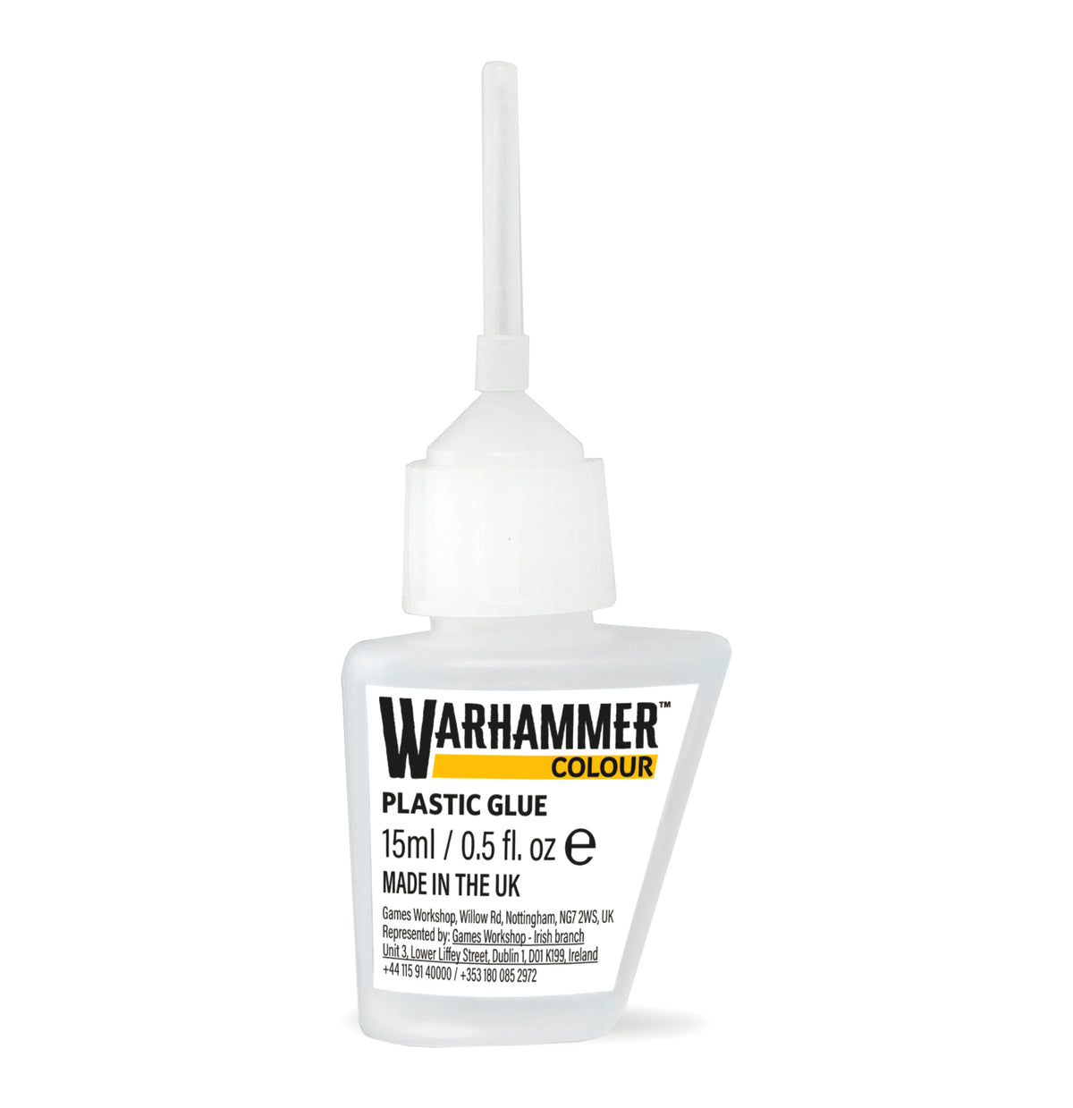 Warhammer Coulour: Plastic Glue - Small white plastic bottle of Warhammer Colour plastic glue with a pointed applicator tip and black and yellow text on the.