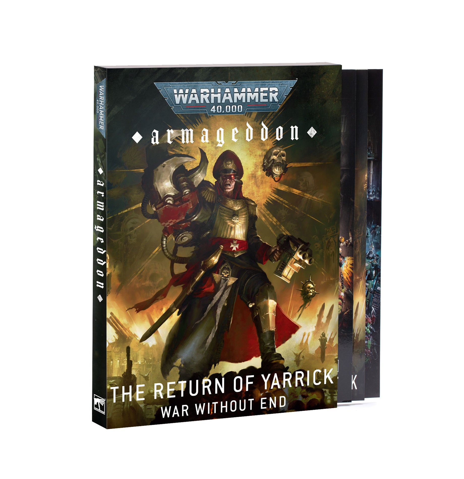 Warhammer 40,000 - Armageddon: The Return of Yarrick – War Without End (PREORDER) - Warhammer 40k Armageddon boxed set featuring armored figure with mechanical arm and blood-red cape on dark sci-fi.